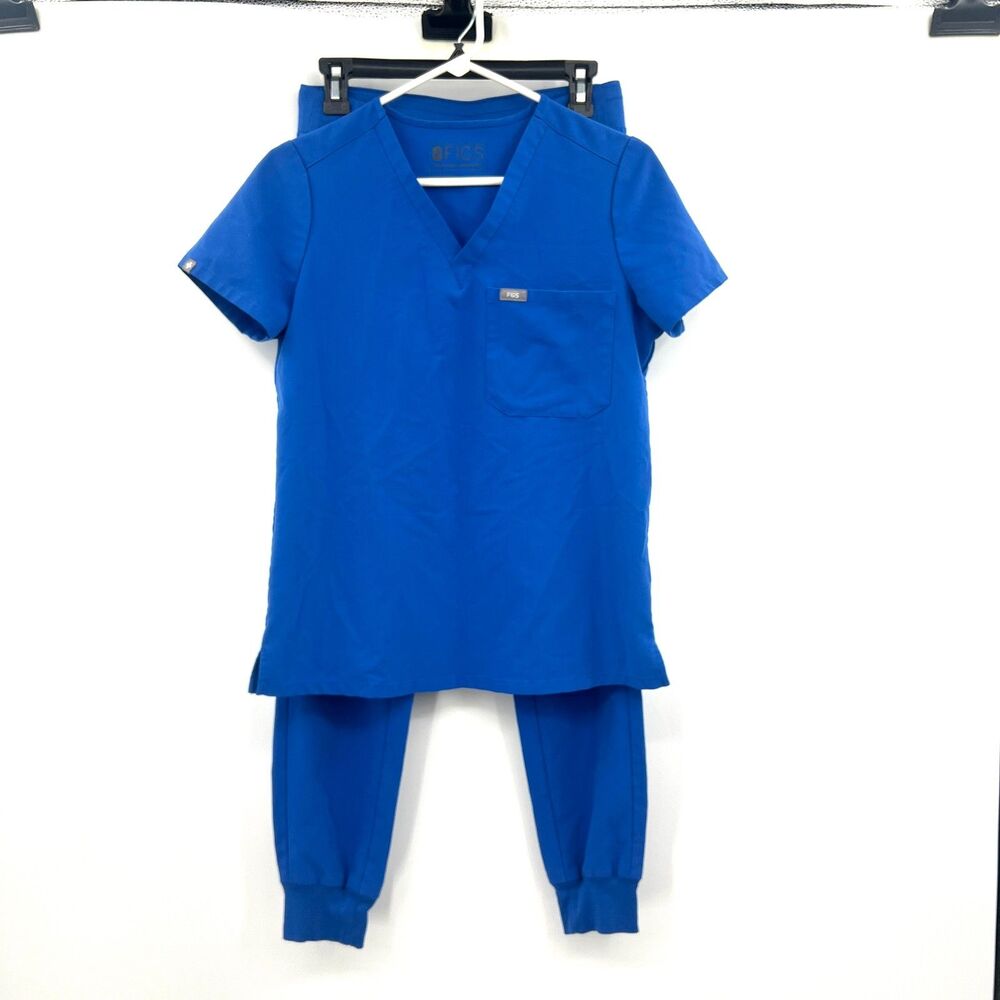 FIGS Technical Collection Scrub Set XS Royal Blue V-Neck Top Jogger Pants Womens
